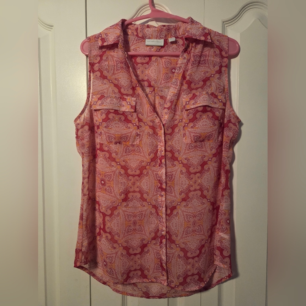 New York & Company Red and Pink Patterned Blouse